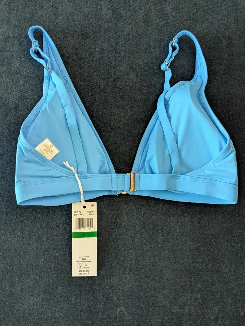 NWT! Anne Cole Ring Plunge Triangle Bikini Top Sky Blue Size L